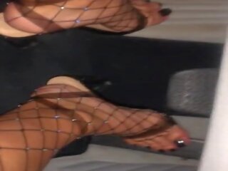Car Driving in Clear High Heels & Fishnet Stockings.
